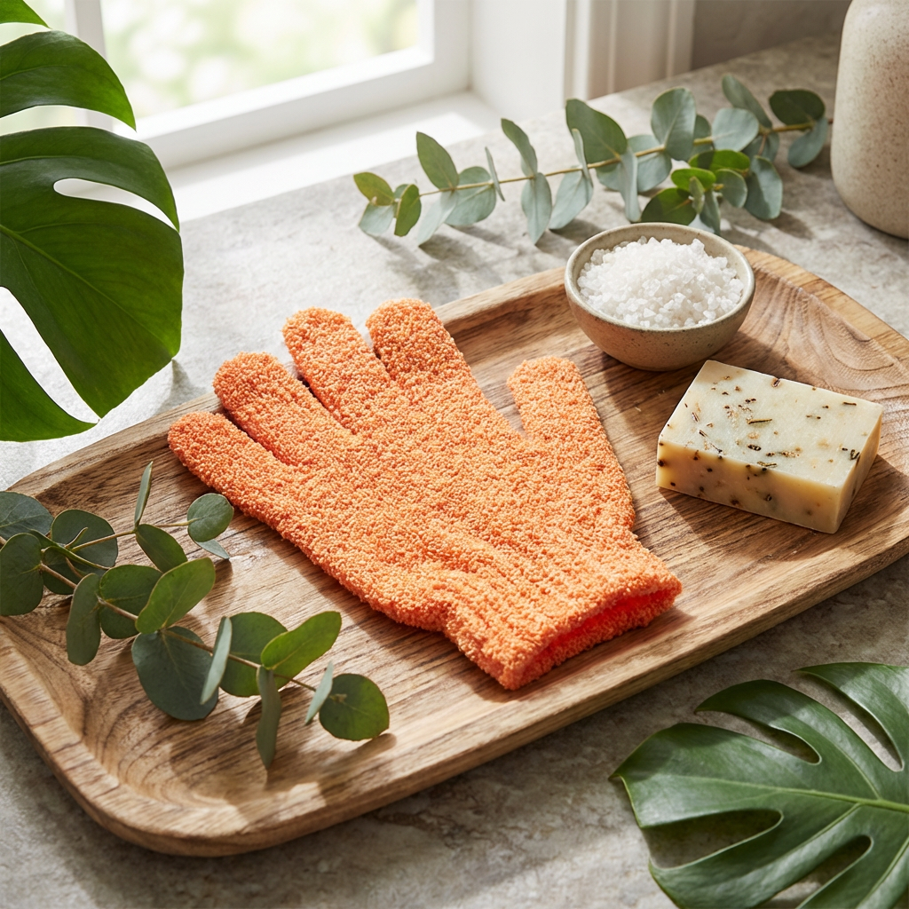 Orange exfoliating glove on a wooden tray with a bowl of salt and a block of soap, surrounded by green leaves.