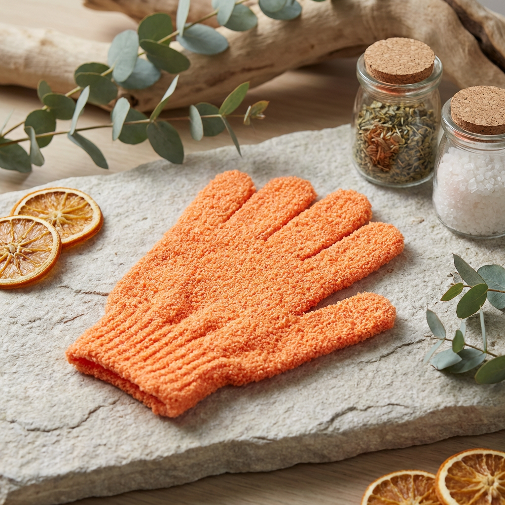 Orange scrubbing glove on a stone surface with dried oranges and herbs.