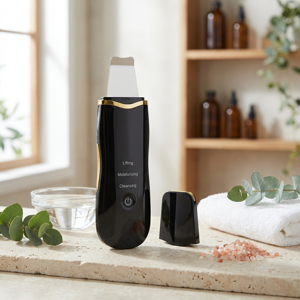 Black skincare device on a table with a window and shelves in the background