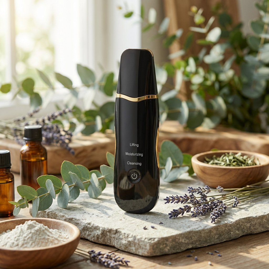 Black electronic device on a stone surface with eucalyptus and lavender, suggesting a natural skincare or wellness product.
