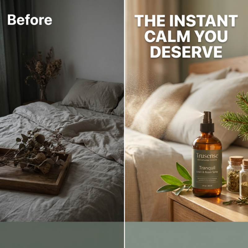 Before and after comparison of a bedroom setup with Trusence Tranquil product.